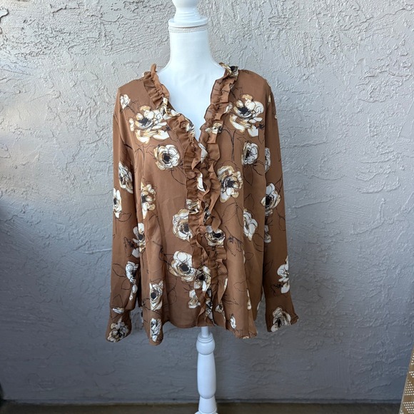Apostrophe Woman Tops - Apostrophe Woman Brown Floral Ruffle Blouse Plus Size 20W Long Sleeve